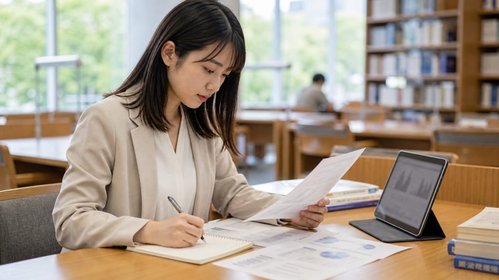 コンサルインターンが調査資料を読み込みノートを取る様子