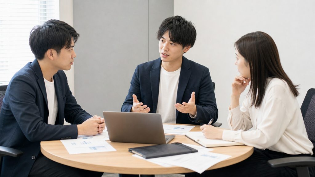 コンサルインターンが少人数で課題解決について話し合う様子