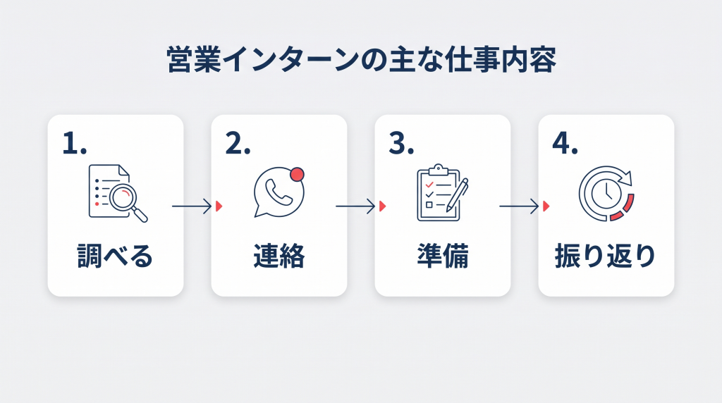 営業インターンとは？長期の仕事内容と向いている人・求人の探し方 営業インターンの主な仕事内容の図解