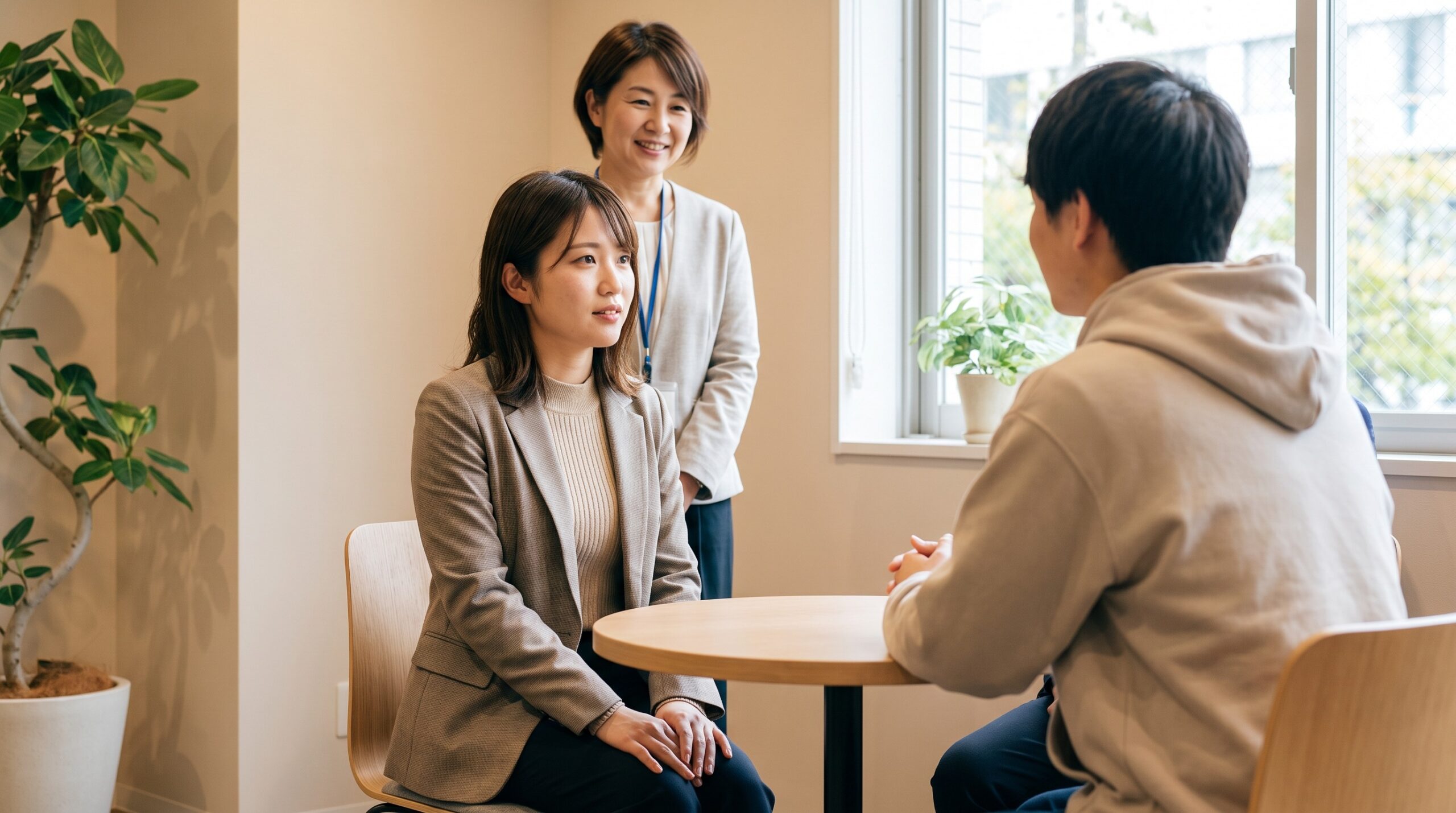 人事インターンが学生の話を聞きながら面談を補助する様子