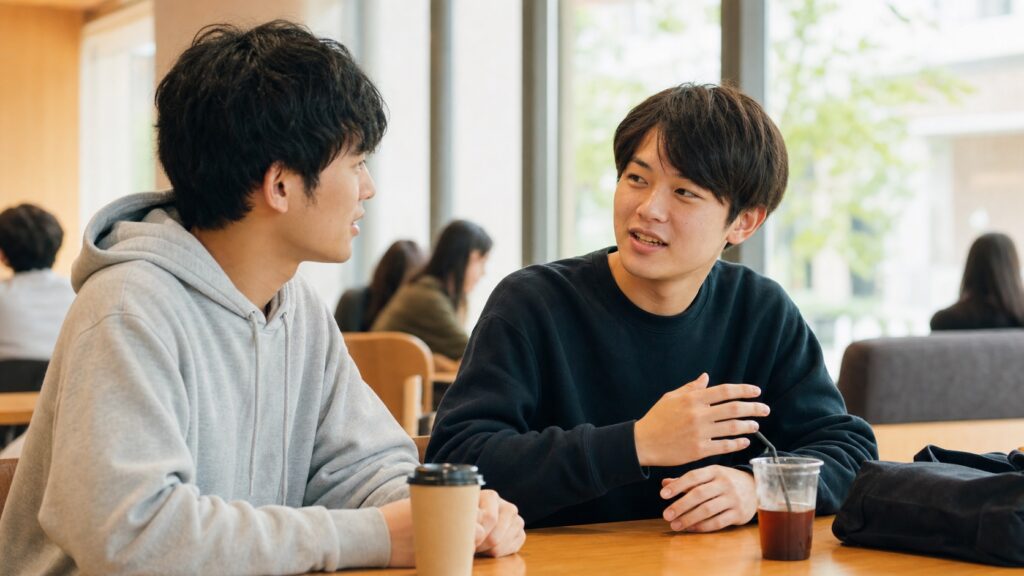 長期インターンの経験を友人と共有する学生