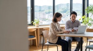 人事インターンで採用資料を確認する学生と担当者