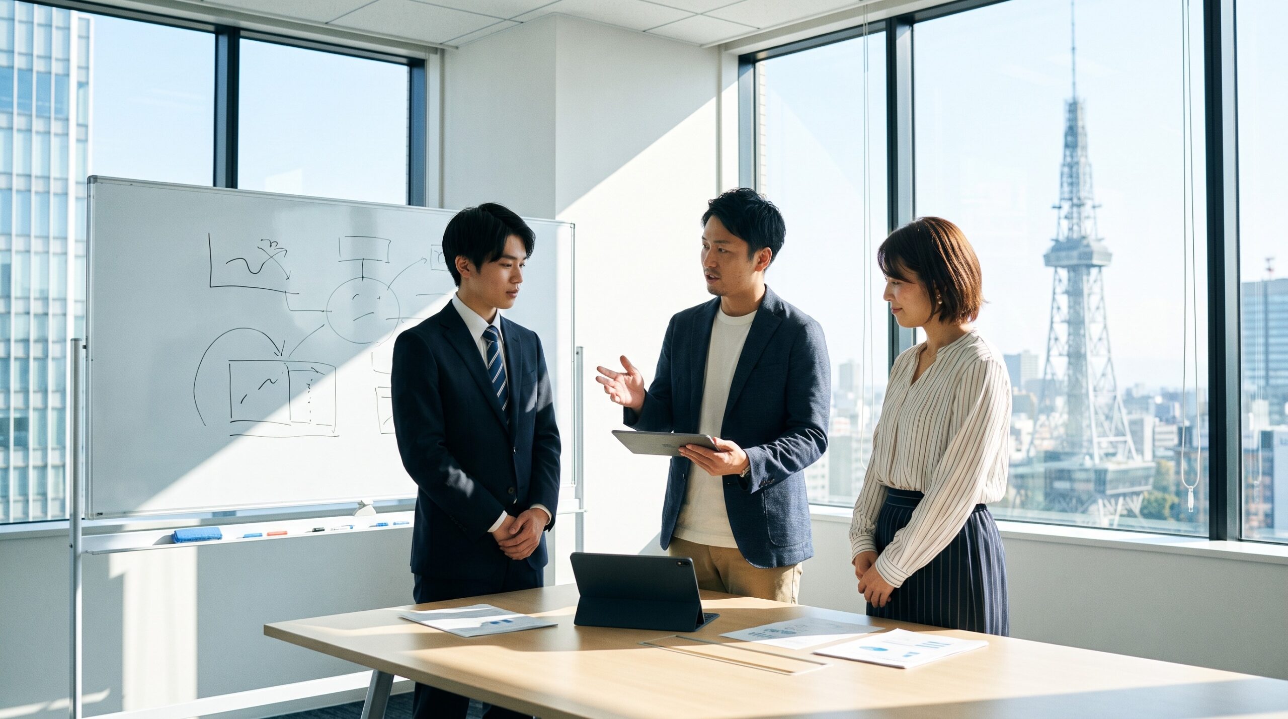 営業インターンで先輩からフィードバックを受ける学生