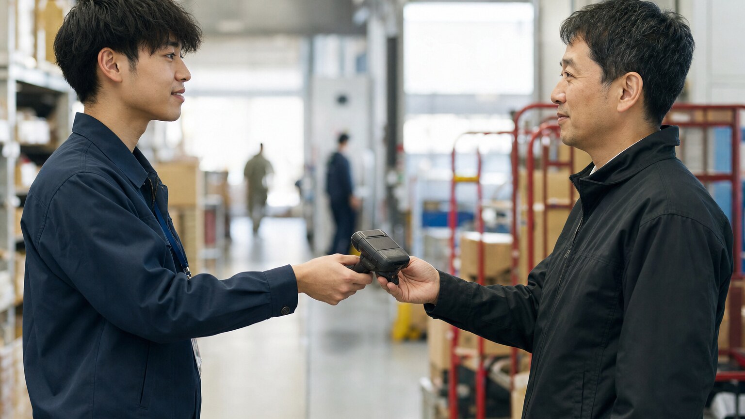 物流インターンでハンディ端末を引き継ぐ学生と指導役