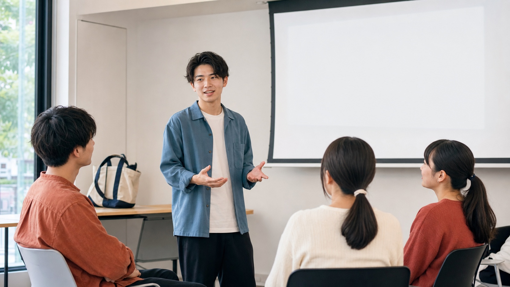 マーケティングの企画を発表する学生