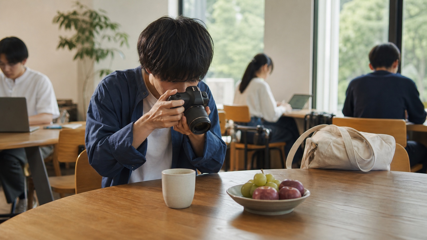 マーケティング用の素材を撮影する学生