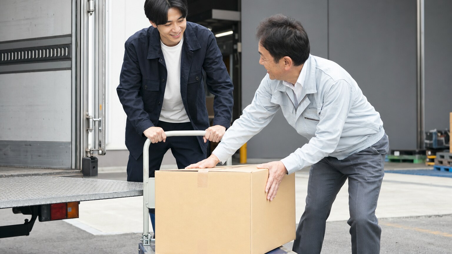 物流インターンで台車を使った配送補助をする学生