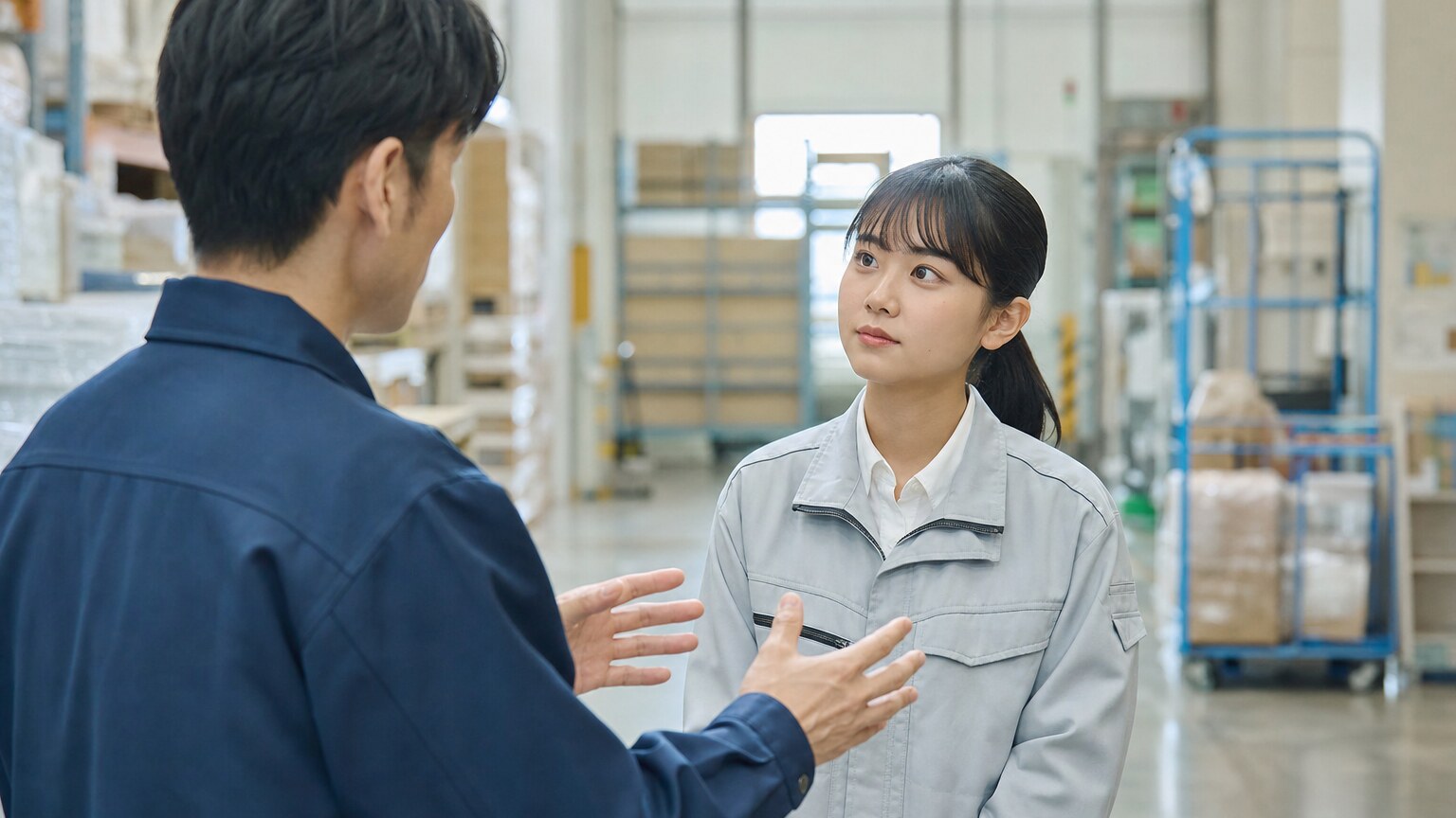 物流インターンで安全説明を聞く学生