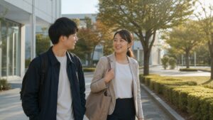 長期インターンの経験について歩きながら話す学生と先輩