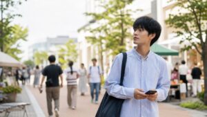 マーケティングインターンで市場や顧客を観察する学生
