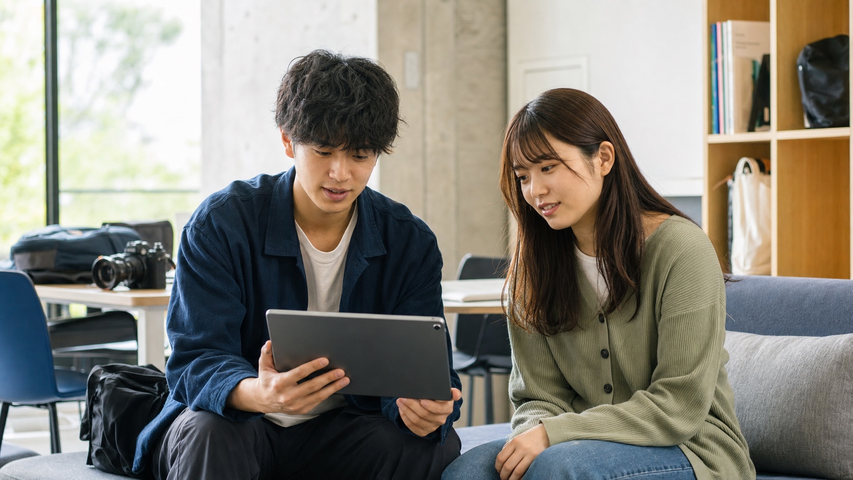マーケティングの企画を学生同士で確認する様子