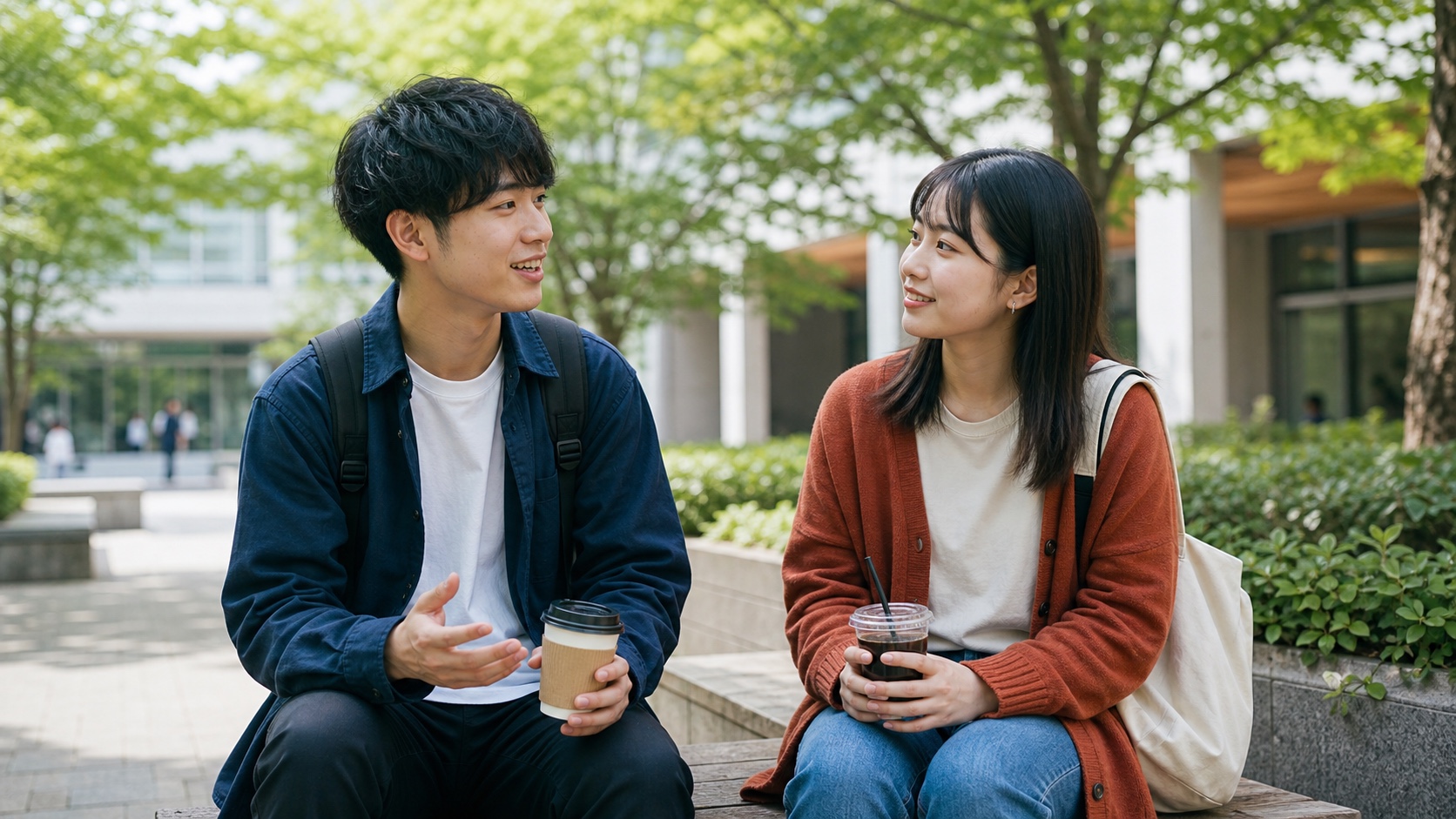 インターンの仕事内容を学生同士で比べる様子