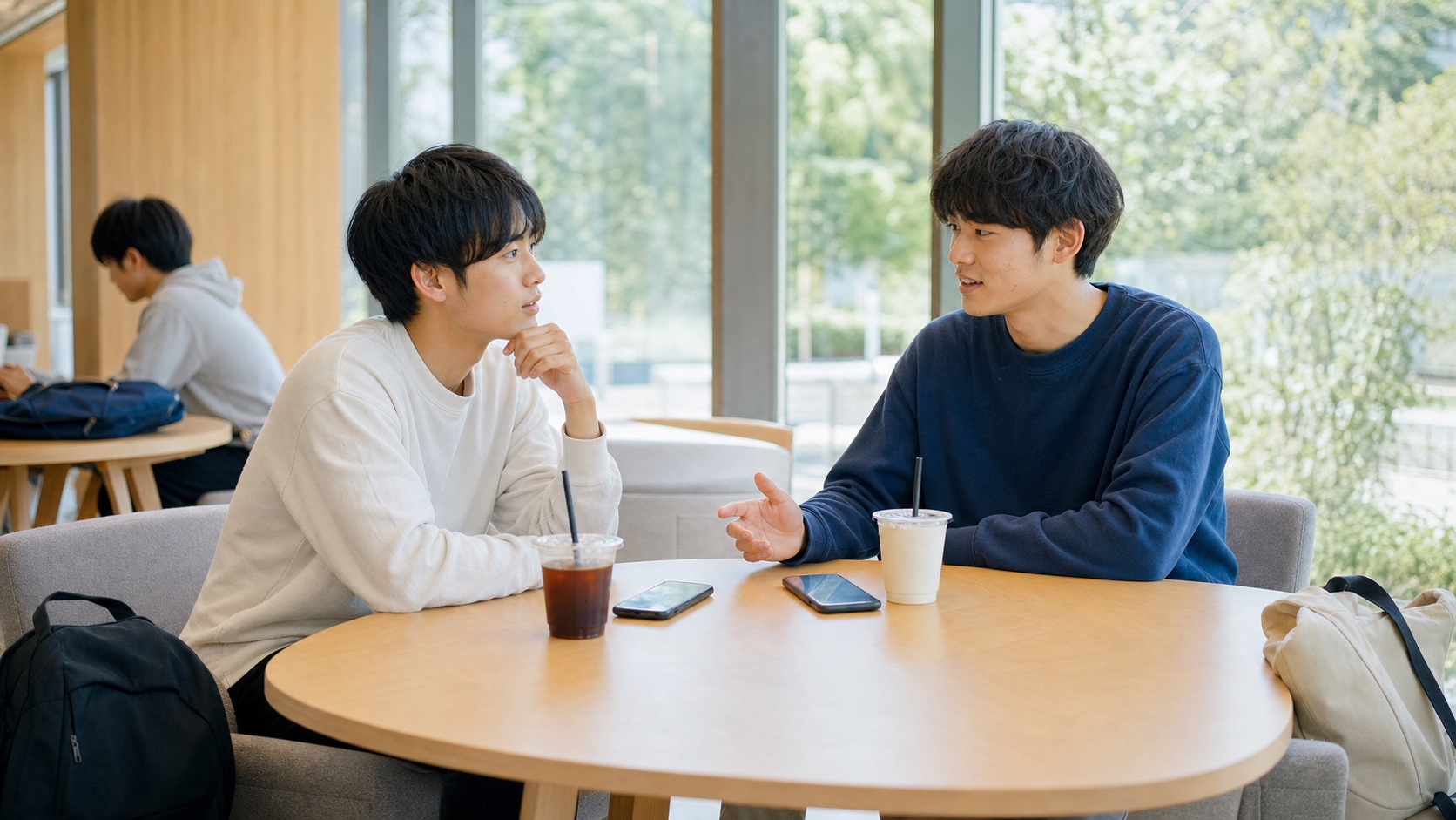 事務インターンについて話す大学生