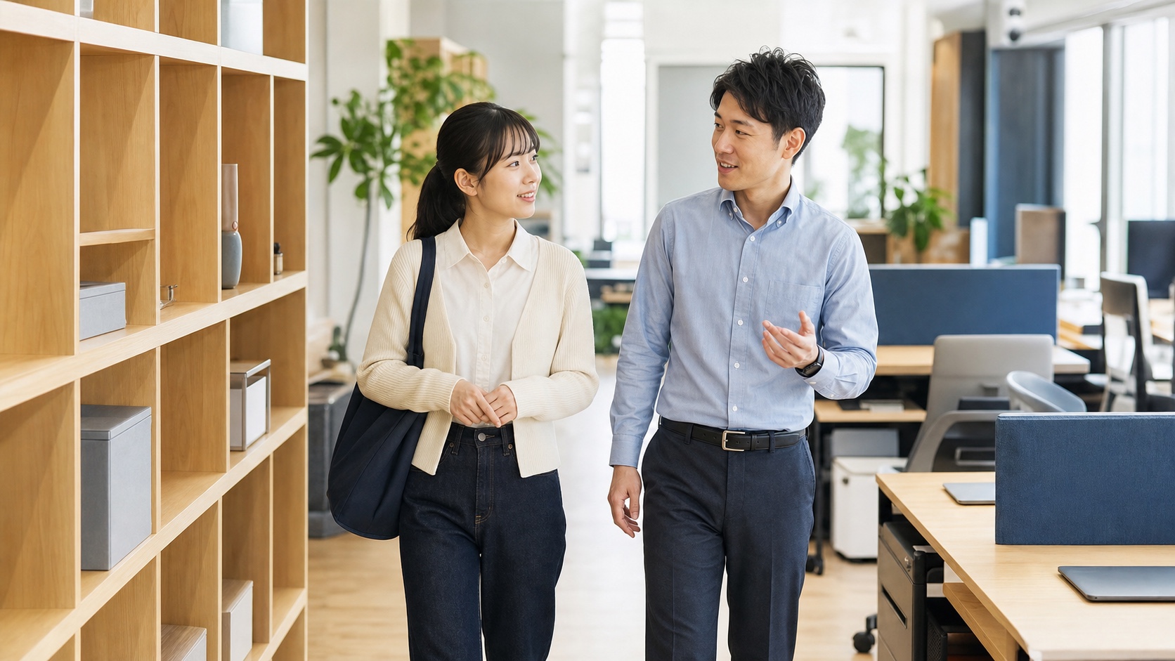 オフィスで業務の流れを聞くインターン生