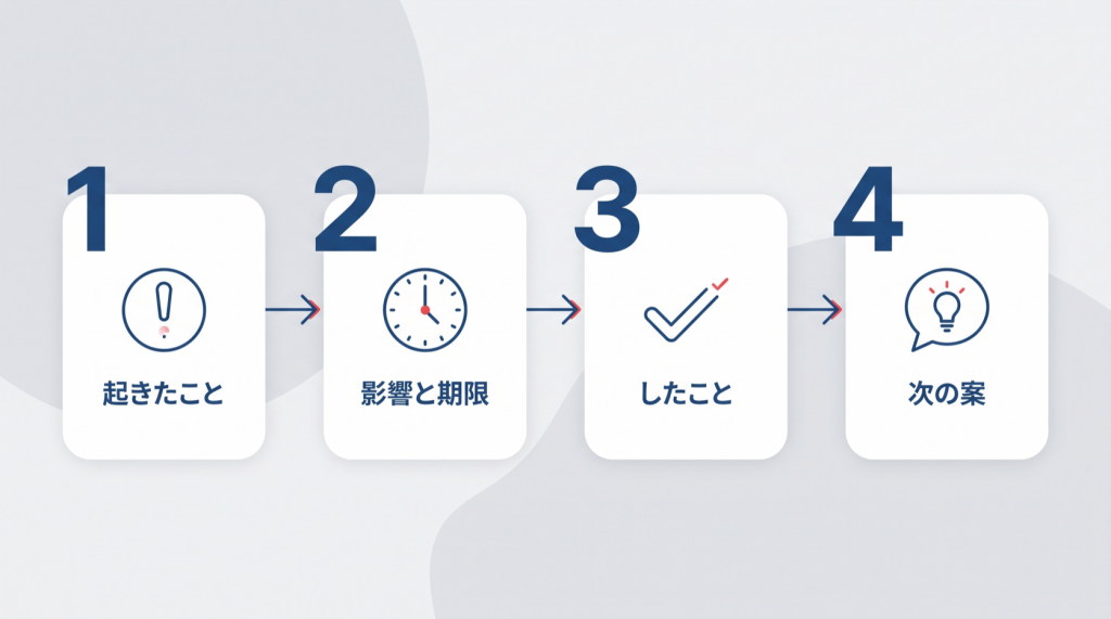 仕事でミスしたときの報告の仕方は？上司への伝え方と例文 報告は4つの順番で伝えるの図解