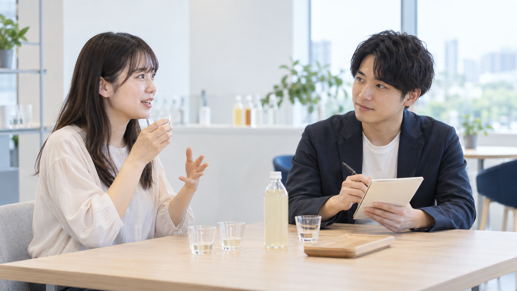 飲料の感想を聞くマーケティングリサーチャーのイメージ
