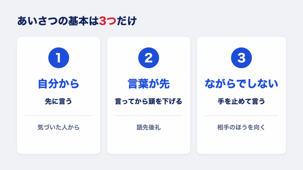 自分から先に言う、言葉を言ってから頭を下げる、手を止めて言う。あいさつの基本3つ