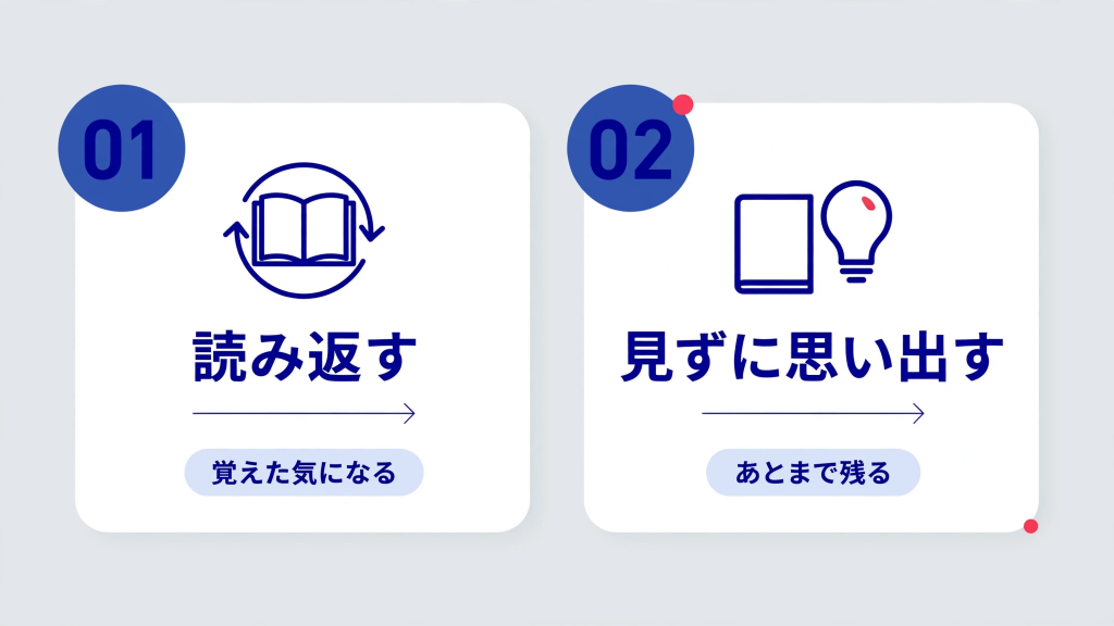 仕事が覚えられない理由は?メモを見ずに思い出して覚える方法 読み返しと見ずに思い出すの比較の図解
