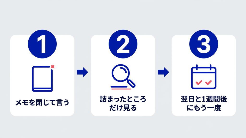 仕事が覚えられない理由は?メモを見ずに思い出して覚える方法 メモを閉じて思い出す手順の図解